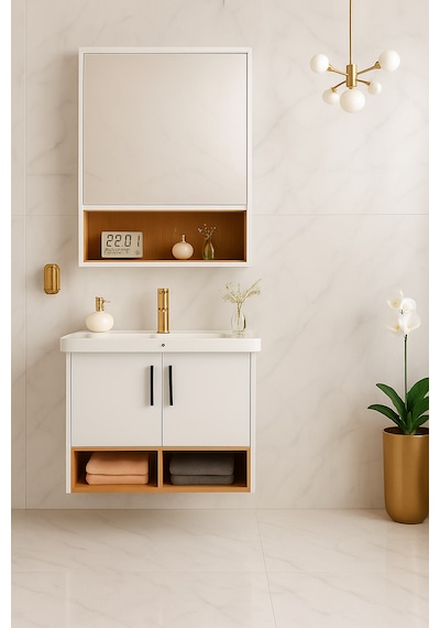 Dmz Home Concept Legna 65 Cm Banyo Dolabı Takımı Beyaz & Ahşap Mdf Seramik Lavabolu Alt Ve Üst Dolap