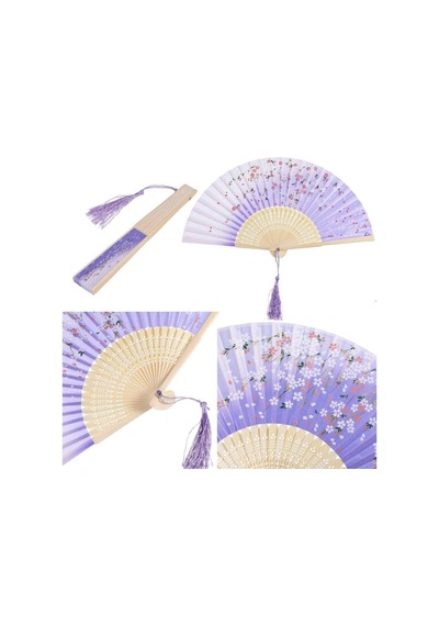 Beluga Yelpaze Bambu Vintage Lila Bahar Dalı Desenli Şık Püsküllü Japon Yelpaze 0303