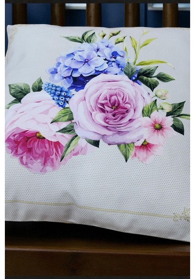 Pastel Çiçek Buketi Dijital Baskılı Kırlent Kılıfı - 40x40 Cm Ekru
