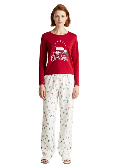 Ersefa Kadin Kirmizi Yılbaşı Desenli Pamuk Polyester Pijama Fonksiyonel Kırmızı