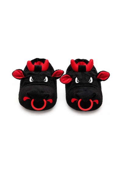 Modafocus Kızgın Boğa Figürlü Peluş Unisex Ev Pandufu - Sevgili Kombin - Siyah Siyah