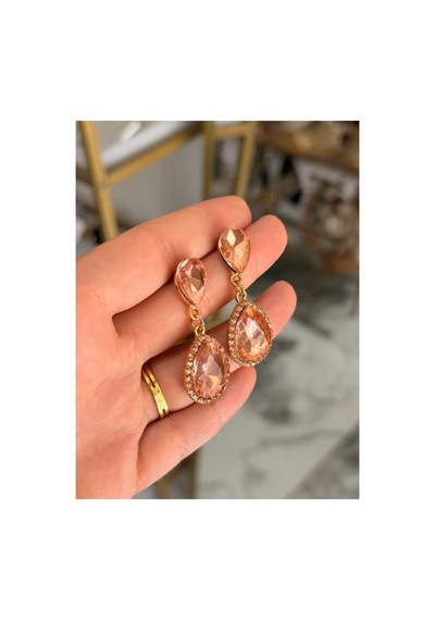 Vıp Damla Model Bronze Ve Taş Detaylı Tasarım Küpe Pembe