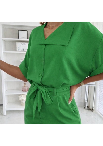 Veraura Lifestyle Kadın Kısa Kollu Yakalı Önden Düğmeli Bürümcük Bluz Ve Pantolon Ikili Takım Yeşil