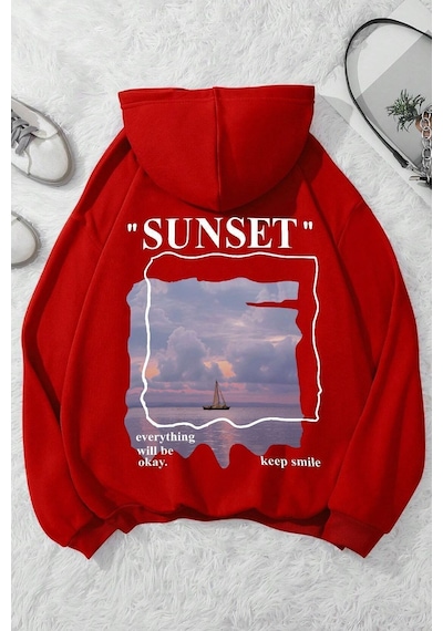 Uyguntarz Unisex Sunset Baskılı Sweatshirt Kırmızı