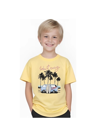 Panios Kids Summer Van Baskılı Erkek Çocuk Yuvarlak Yaka Kısa Kollu T-shirt Sarı