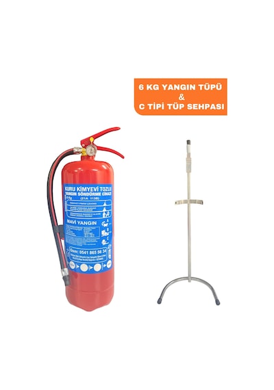 Kuru Kimyevi Tozlu Yangın Söndürme Tüpü 6 KG ve Krom Nikelaj Yangın Tüpü Sehpası