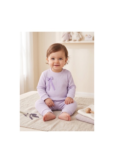 Deniva Kids Kız Bebek Lila Fitilli Kaşkorse Fiyonk Detaylı Omuzdan Çıtçıtlı Uzun Kollu Alt Üst Takım Mor