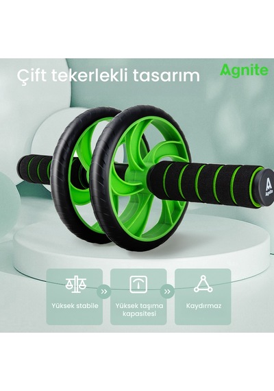 Agnıte Çift Tekerlekli Karın Egzersiz Tekerleği Diz Pedli Fitness Yeşil Siyah