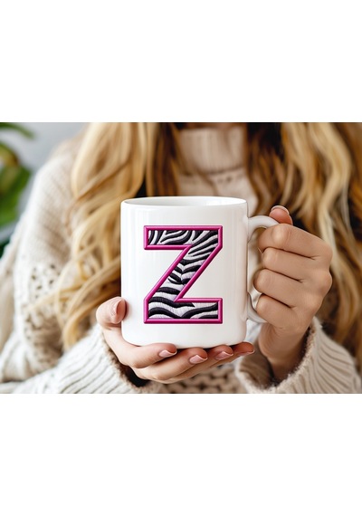 Z Harfi Zebra Deseni Ve Pembe Kenarlı Kupa Bardak - Kişiye Özel Nakış Efektli - Siyah Beyaz Pembe Beyaz