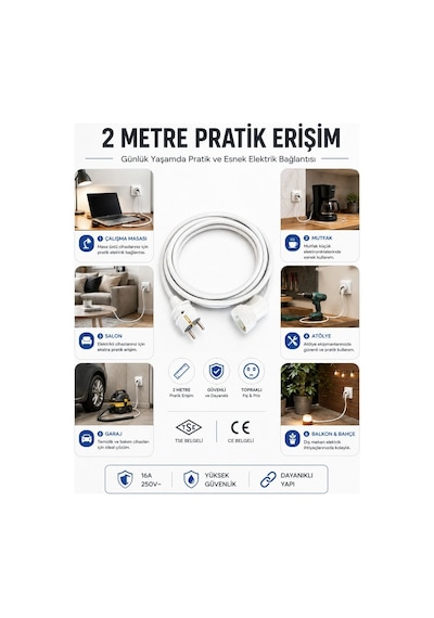 Viko Seyyar Uzatma Kablosu 2 Metre 3x2.5 Mm Cca Kablo Viko Erkek Dişi Fiş Klemensli Terminalli Topraklı Tse Ce Belgeli 2 M