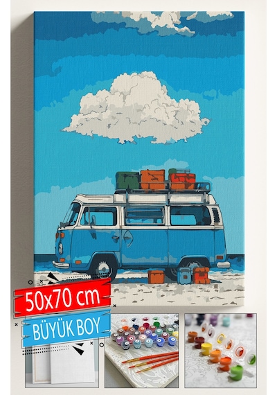 Sayılarla Boyama Seti Numaralı Tuval Fırça Boya Dahil Kasnaklı Set 50x70 Cm - Mavi Kamp Deniz