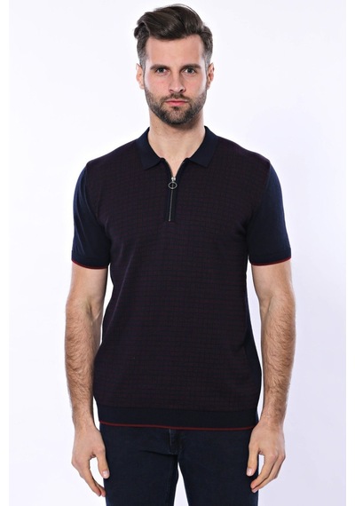 Yake Store Polo Yaka Koyu Lacivert Desenli Fermuarlı Örme T-shirt - Wessi - Lacivert siyah