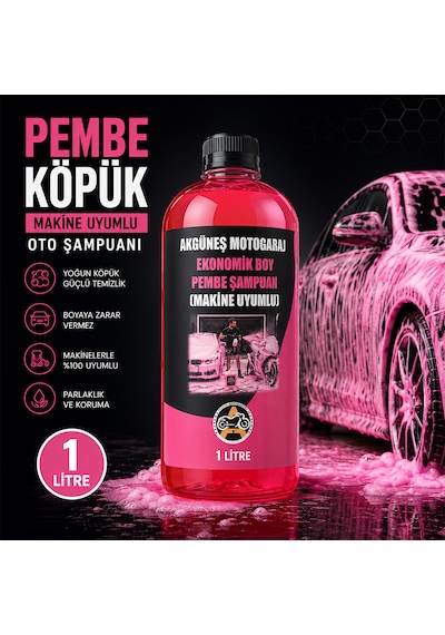 Akgüneş Motogaraj 1 Lt Pembe Köpük Oto Şampuanı Konsantre 100 Kat Seyreltilebilir Makine Uyumlu Araç Ve Motosiklet Şampuanı Yerli Üretim