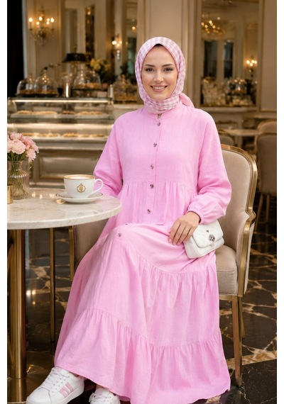 Hb Harma Time Butik Kadın Düğmeli Kat Detaylı Keten Pembe Elbise