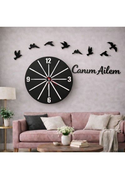 Duvar Saati 40 Cm 8 Adet Kuş Temalı Canım Ailem No99 Çok Renkli