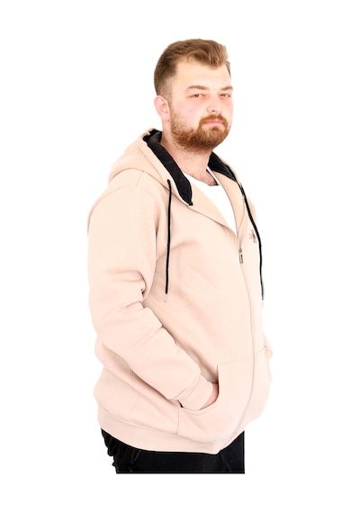 Mode Xl Büyük Beden Erkek Kapüşonlu Fermuarlı Sweatshirt U25803 Bej Bej