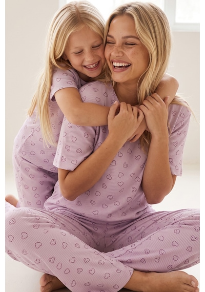 Siyah İnci Pamuklu Fitilli Kaşkorse Örme Pijama Takım 26120402 Lila Kalp