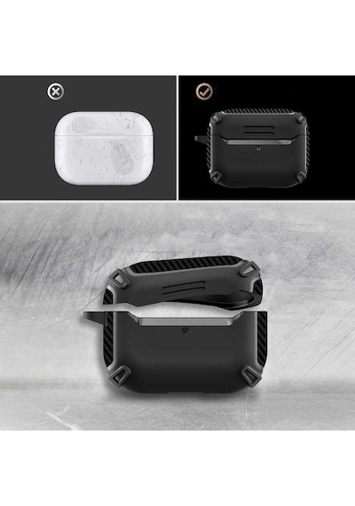 Maks Technology Apple Airpods Uyumlu Pro Kılıf Köşe Karbon Fiber Detaylı Askı Aparatlı Airbag Darbe Emici Maks Koruyucu Kapak Lacivert