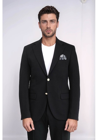 Siyah Kendinden Desenli Örme Altın Renk Metal Düğmeli Slim Fit Erkek Blazer Ceket - Wessi Black Siyah Kendinden Desenli Örme Altın Renk Metal Düğmeli Slim Fit Erkek Blazer Ceket - Wessi Black