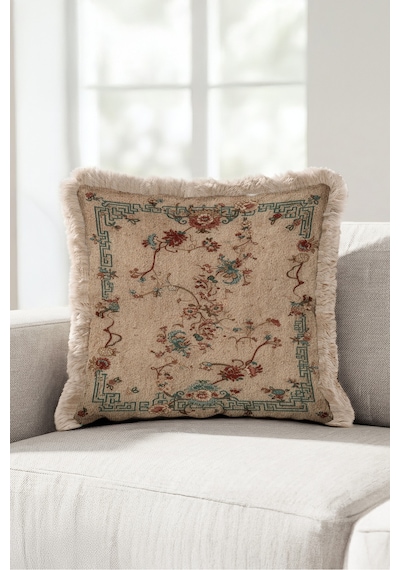 Otantik Çiçekli Saçaklı Yastık Kılıfı - Vintage Floral Bej Turkuaz Krem Püsküllü Kırlent Kılıfı Puslu Düş Opal