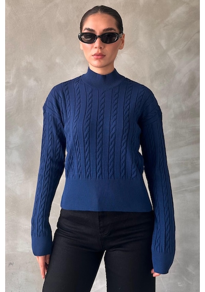 Madmext İndigo Yarım Balıkçı Yaka Örgülü Triko Kadın Kazak Mg2257 Indigo