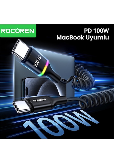 Rocoren 100w 5a E-marker Çipli Spiral Type-c To Type-c Hızlı Şarj Ve Data Kablosu 1.6 Metre
