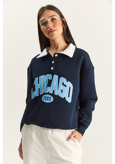 Shade Kadın Polo Yaka Chicago Baskılı Üç İplik Şardonlu Sweatshirt 60601050 - Lacivert