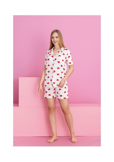 Rindahomewear Kadın Kalp Desenlı Milan Düğmeli Şort Takımı Beyaz
