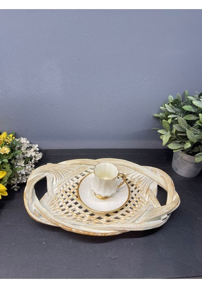 Dekoratif Polyester Tekli Hasır Sunumluk Tepsi Krem Gold Eskitme