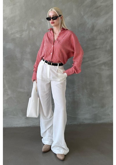 Madmext Kiremit Çizgili Oversize Kadın Gömlek Mg2327 Kiremit