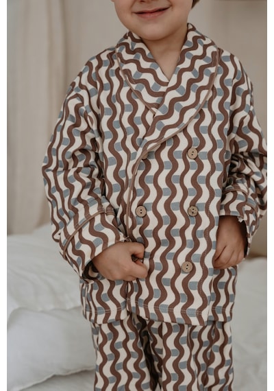 Dalga Desenli Yaka Detaylı Çocuk Pijama Takımı Kahverengi
