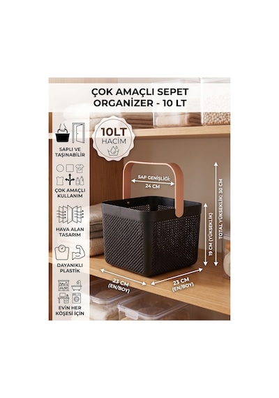 Dolap İçi Düzenleyici, Banyo, Mutfak Organizeri Kulplu Sepet, Dekoratif Saklama Kutusu, Banyo Düzenleyici Organizer 10lt Siyah