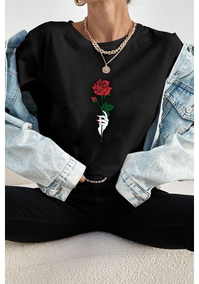 Unisex Rose Baskılı T-shirt Siyah