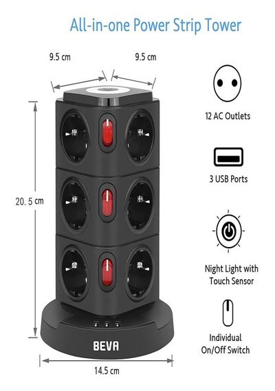 Kule Tipi 3xusb, 12'li Akım Korumalı Priz, Soket 10watt Wireless
