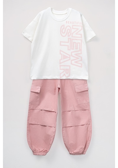 Aden Kids Kaz Tüğü Kumaş Oversize Pantalon İle Kombin Alt Üst Takım Ekru - Somon