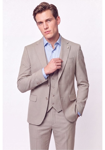 Efor Slim Fit Çift Yırtmaç %97 Yünlü Doku Desenli Esnek Bej Yelekli Takım Elbise Tk 927