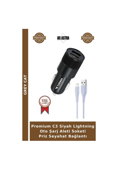 Premium C3 Siyah Lightning Oto Şarj Aleti Soketi Priz Seyahat Bağlantı