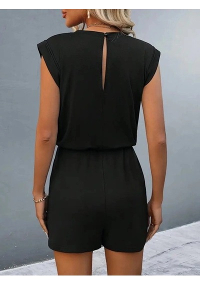 DefyModa Kadın Kısa Kollu Vatkalı Belden Bağcıklı Kısa Viskon Tulum Siyah