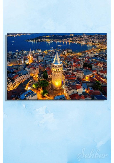 İstanbul'un Simgelerinden Galata Kulesi Gece Manzarası Yatay Kanvas Tablo 4457 Çok Renkli