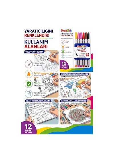 12 Renk Fineliner Kalem 0.4 Mm İnce Keçe Uçlu Kalem 1 Paket Smart Kids Fineliner Keçe Uçlu Kalem Seti Çok Renkli