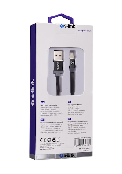 S-Link Swapp SW-C603 1m 2A Apple iPhone Uyumlu Lightning Siyah Şarj Kablosu
