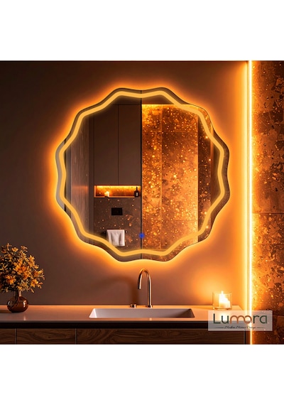 Envara Amber Led'li Lazer Kumlamalı Lavabo & Banyo Aynası Dokunmatik Sensörlü 70 X 70 Turuncu