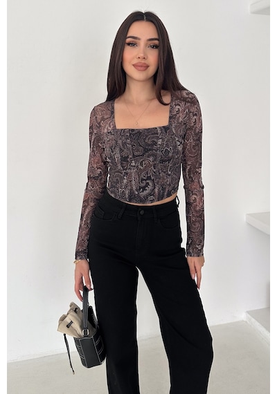 Noa & Noa Kadın Paisley Desenli Kare Yaka Bluz Rust Bloom Siyah
