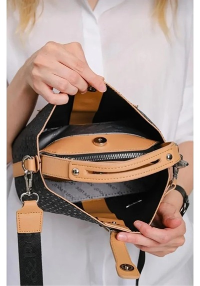 Just Polo Kadın Kabartma Baskılı Lüks El Ve Omuz Çantası Shopper Siyah - Taba