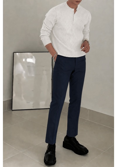 Genius Store Erkek Fitilli Henley Yaka Triko Kazak Regular Fit Düğmeli Kazak Henley-yaka Beyaz