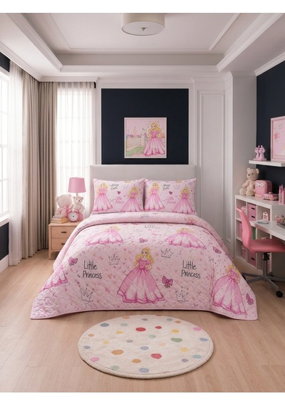 Çift Kişilik Kapitone Dolgulu Prenses Desen Pike 4 Mevsim 2 Adet Yastık Kılıfı Dahil 200x230cm Pembe