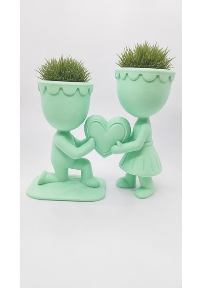 3d Baskı Aşk Saksısı - Kalp Tutan Çift Figürlü Dekoratif Saksı - Mint -