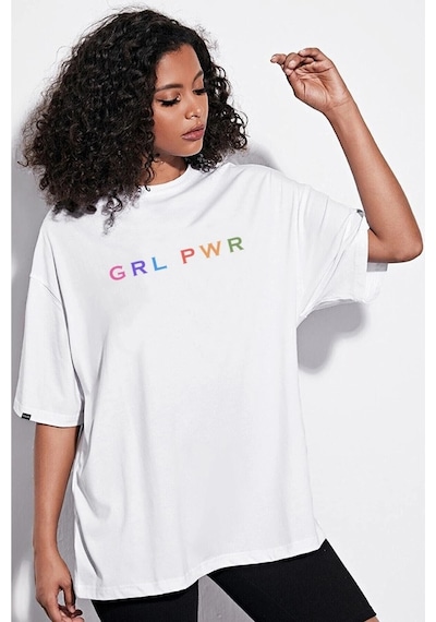Tarzsokak Grlpwr Baskı Oversize T-shirt Beyaz