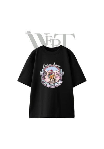 Thewert Cowgirl Horse 1 Tasarım Baskılı Ünisex Siyah Oversize T-shirt