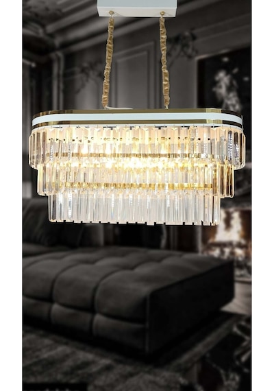 Beyaz Şeritli 70x30 Cm Lik Kristal Taşlı Lüks Avize - Yatak Odası - Salon - Mutfak - Hol Altın